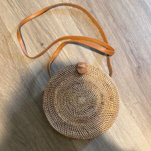 Round Woven Tan Crossbody Bag
